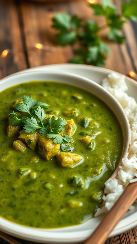 A bowl of creamy spinach curry garnished with coriander, served with rice on a rustic table.